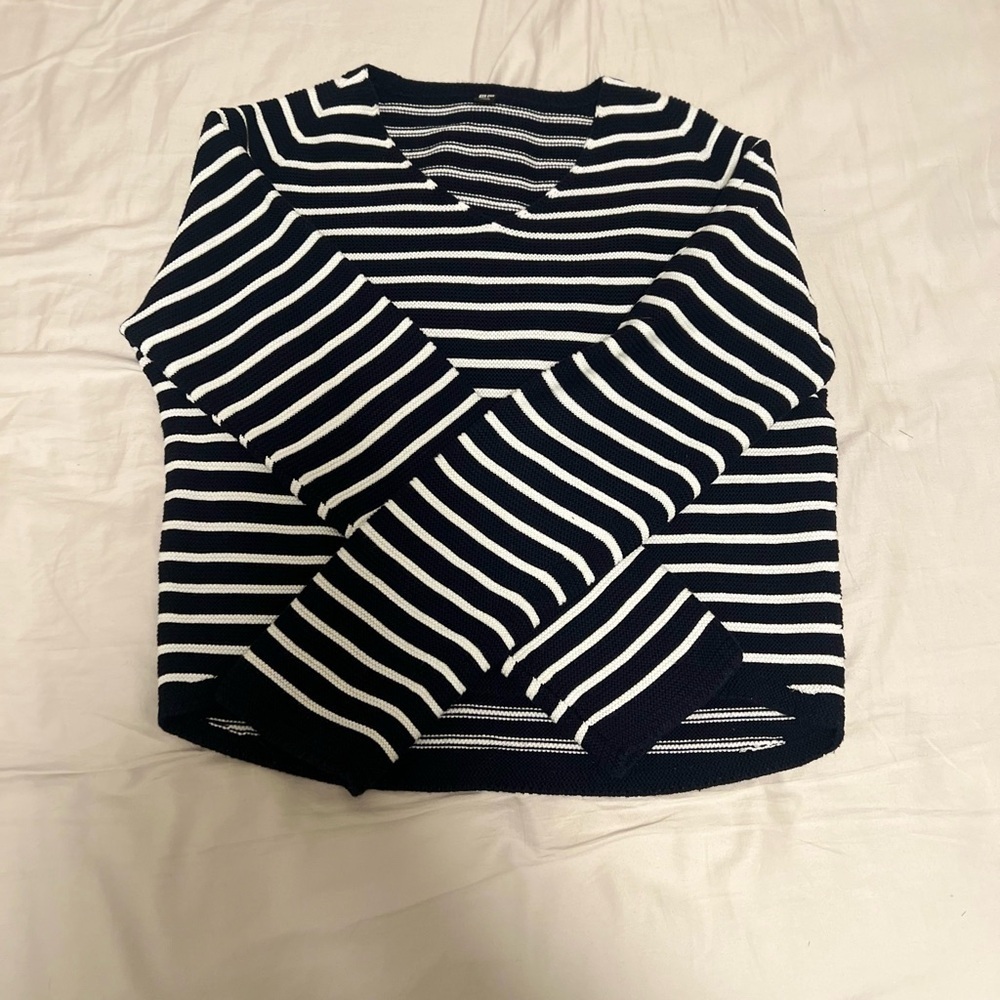 Navy and White Striped Women's Sweater, Uniglo - Picture 2 of 5